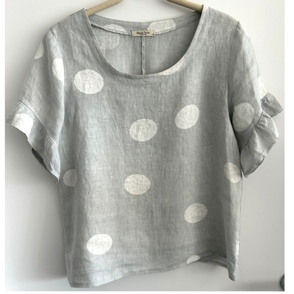 Alessia Pacini Linen Light Grey with White Polka Dots Top Sz S